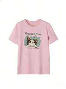 Cute Cat T-Shirt With "Feature Film" Text, Fashionable Short-Sleeved T-Shirt For Spring And Summer 2026, Made In Mexico, 180 Grams. Cartoon Print, Couple Design, Suitable For Indoor Or Outdoor Wear. Crew Neck, Unisex, Ideal For Office And Leisure. One-Pack. - PK-P631577SLNDXZGY609 - 查看 2