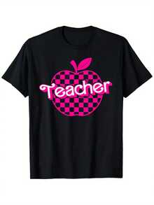 | Exquisite Design | Loose And Comfortable | Easy To Match | Fun Retro Unisex T-Shirt With Apple And Pink Plaid Print, 100% Cotton, Lightweight And Breathable, Regular Fit, Sizes S-XXXL, Perfect For Casual Wear And Outdoor Activities. - 黑色 - 查看 5