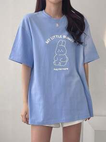 Camiseta Casual de Verano para Mujer , Manga Corta, con Estampado de Lema, Camisetas Bonitas, Camiseta Oversize, Camisetas con Gráficos, Ropa para Maestras - Azul - Ver 3