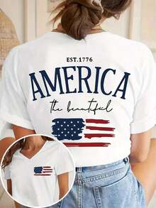 Women's T-Shirt With American Patriotic Flag And "Beautiful America" Print - Double-Sided Print, Breathable Viscose Fiber, Casual Loose Fit For Spring/Summer, American Flag T-Shirt, Breathable Fabric, Vintage Style - 白色 - 查看 4