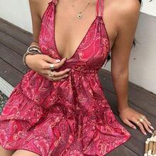 Vestido bohemio con estampado, escote halter con lazo y espalda descubierta, versátil para uso casual, vacaciones y diario, primavera/verano - Verde - Ver 5