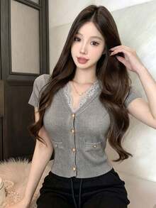 Spring/Summer Sexy Lace Patchwork V-Neck Metal Button Short Sleeve Cardigan, Elegant Knit Top - Gray - View 2
