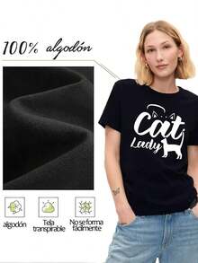 Camiseta estampada de mujer Diseño Cat Lady con silueta de gato,ideal para amantes de los felinos.Cómoda y original. - Negro - Ver 3