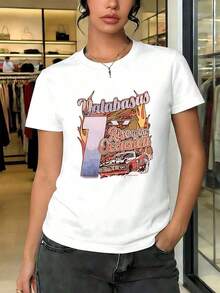 1 Piece Of Women's Vintage T-Shirt With Car Graphic Print, Round Neck, Comfortable Fit, Urban Hip-Hop Style, Unique Graphic Print, 180g 100% Cotton. - 白色的 - 查看 6