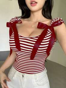 Camiseta de mujer de manga corta ajustada y sin espalda con lazo, para el verano - Burdeos 2 - Ver 4