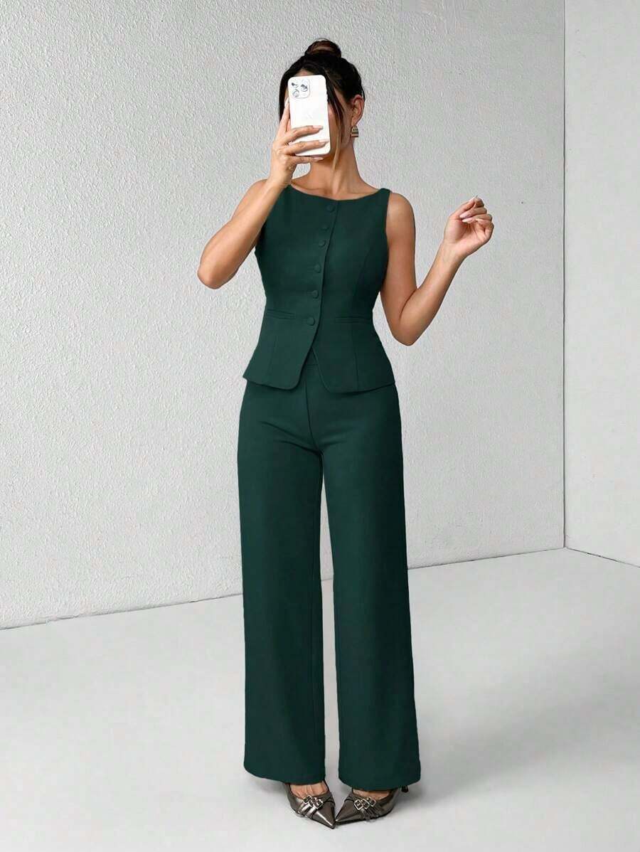 PETITE Conjunto de chaleco y pantalones de un solo pecho de unicolor con cuello redondo, elegante traje de oficina para mujer, ropa de mujer de verano y otoño, conjunto de oficina, ropa casual de negocios, conjunto de dos piezas, ropa de oficina de otoño para mujer, conjunto de blazers para mujer - Verde Oscuro - Ver 1