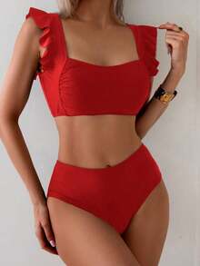 Conjunto de traje de baño para mujer, conjunto de unicolor con escote cuadrado tipo bandeau, tirantes con volantes - Rojo - Ver 5