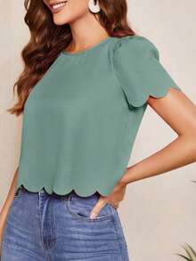 Blusa con mangas abullonadas, recorte ondulado y escote en la espalda, Blusas de manga corta - verde menta - Ver 4