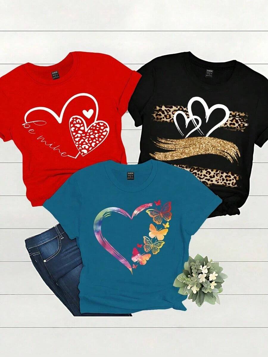 Set de 3 camisetas gráficas de mujer con estampados de leopardo, floral y corazón para el verano - Multicolor 3 - Ver 1