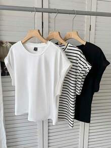Set de 3 camisetas casuales de mujer de cuello redondo y hombros caídos, en blanco y negro + rayas blancas y negras, adecuadas para primavera y verano - Multicolor 4 - Ver 5