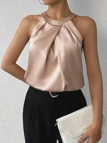 Privé Blusa de satén con cuello halter plisado de color champán, parte superior sin mangas, para uso diario en la oficina, elegante y sencilla, para mujeres, graduación, maestras, vuelta al colegio - Multicolor - Ver 3