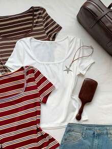 3 piezas Camisetas básicas de mujer de cuello redondo y manga corta, en azul, albaricoque y rosa, adecuadas para uso casual, estilo Y2K, primavera/verano, Día de San Valentín, carnaval, playa, fiesta de cumpleaños, boda, salida y otras ocasiones.Blusa de manga corta linda, blusa femenina, blusa hermosa, camisa linda, blusa linda, blusa de verano rosa, blusa rosa linda, blusa rosa de mujer, elegante, vacaciones, casual, estilo Y2K, primavera/verano, Día de San Valentín, carnaval, playa, fiesta de cumpleaños, boda, salida y otras ocasiones.Blusa con gráfico de corazón rojo - Multicolor 4 - Ver 7
