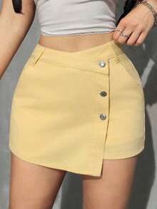 PETITE Short vaquero sexy con bolsillo frontal, cruce de cintura y abotonado para mujer - Amarillo - Ver 7