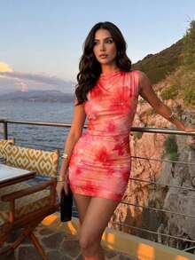 Vestido ajustado con fruncidos de estilo minimalista y sin mangas de unicolor para mujer - Multicolor 5 - Ver 2