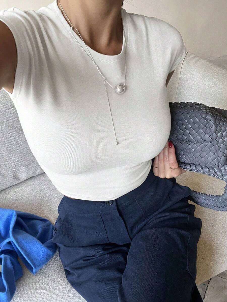 Top corto y ajustado de unicolor de verano para mujer, camiseta informal empresarial - Blanco 2 - Ver 1