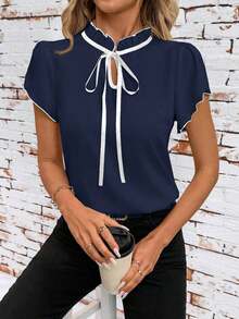 Camisa de mujer de manga corta, con lazo, volantes, a cuadros, elegante y casual para vacaciones y picnic, primavera/verano - Azul marino - Ver 2