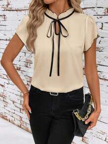 Camisa de mujer de manga corta, con lazo, volantes, a cuadros, elegante y casual para vacaciones y picnic, primavera/verano - Albaricoque - Ver 5