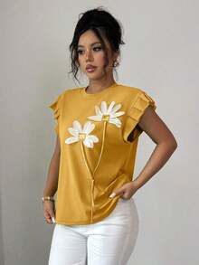 Camiseta de mujer con flores tridimensionales lindas y contrastantes para verano y otoño - Amarillo - Ver 5