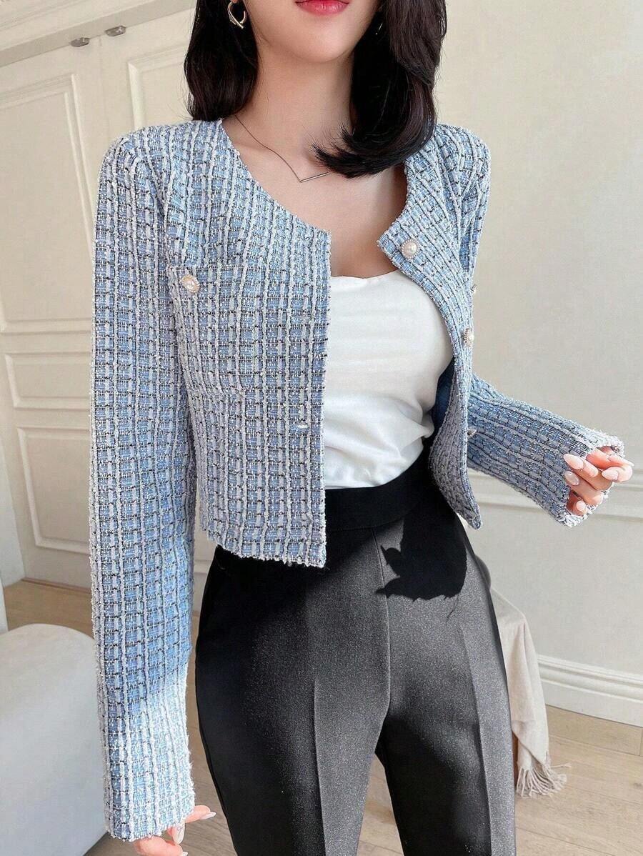 Chaqueta Con Estampado De Cuadros Con Cuello Redondo Corto, Frente Abierto Y Mangas Largas - Azul - Ver 1