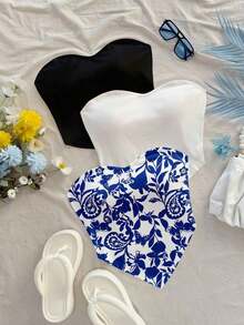 3 Piezas Camiseta corta casual con estampado de mariposa y diseño, bajo asimétrico, apta para vacaciones, playa, verano - Multicolor 3 - Ver 1
