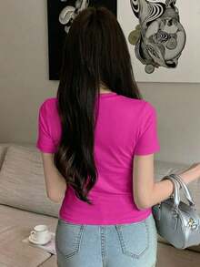 Camiseta de manga corta minimalista de unicolor para mujer, uso casual de todos los días en verano - Rosa Fucsia 3 - Ver 4