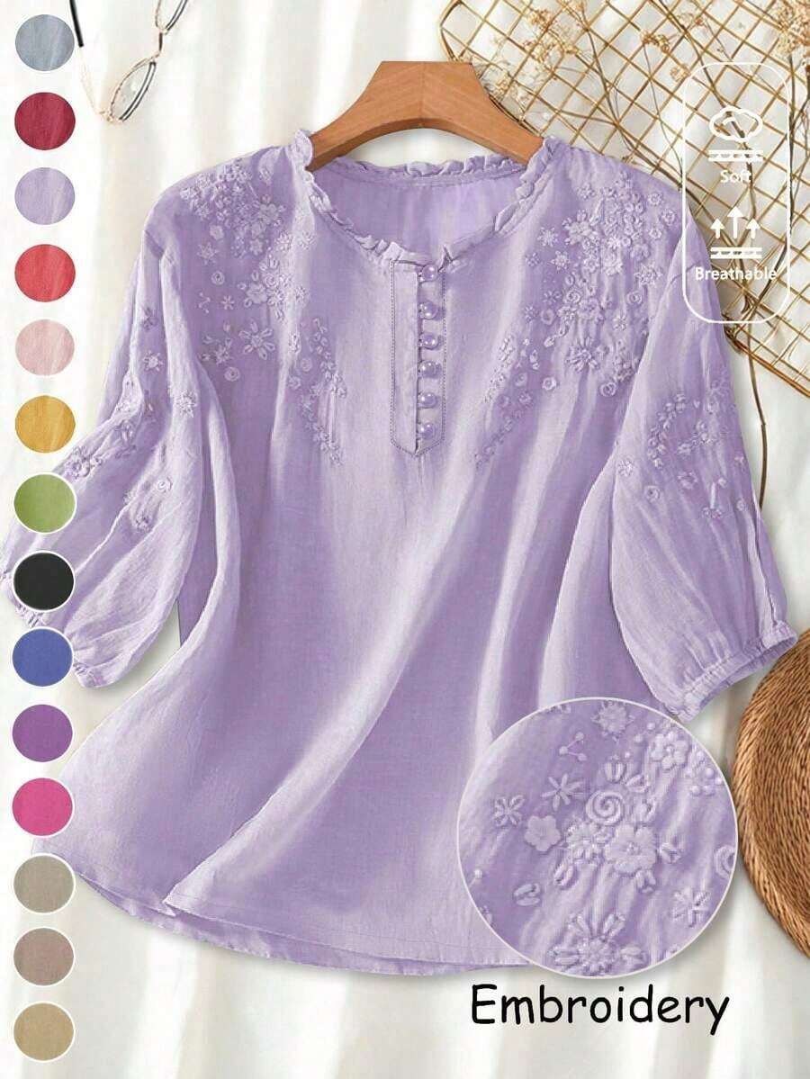 Blusa ligera y holgada de viscosa con bordado retro para mujer, para primavera y verano, casual, estilo campestre, tops de verano - Morado - Ver 1