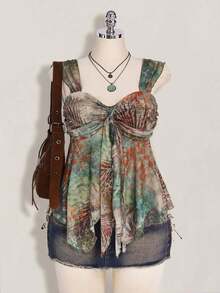 ICON Camiseta asimétrica transparente con estampado de cachemira para mujer de talla grande, top de rave, top transparente, para vacaciones de verano, temporada de graduación, temporada de regreso a clases, ropa de verano, Y2K. - Multicolor 2 - Ver 1