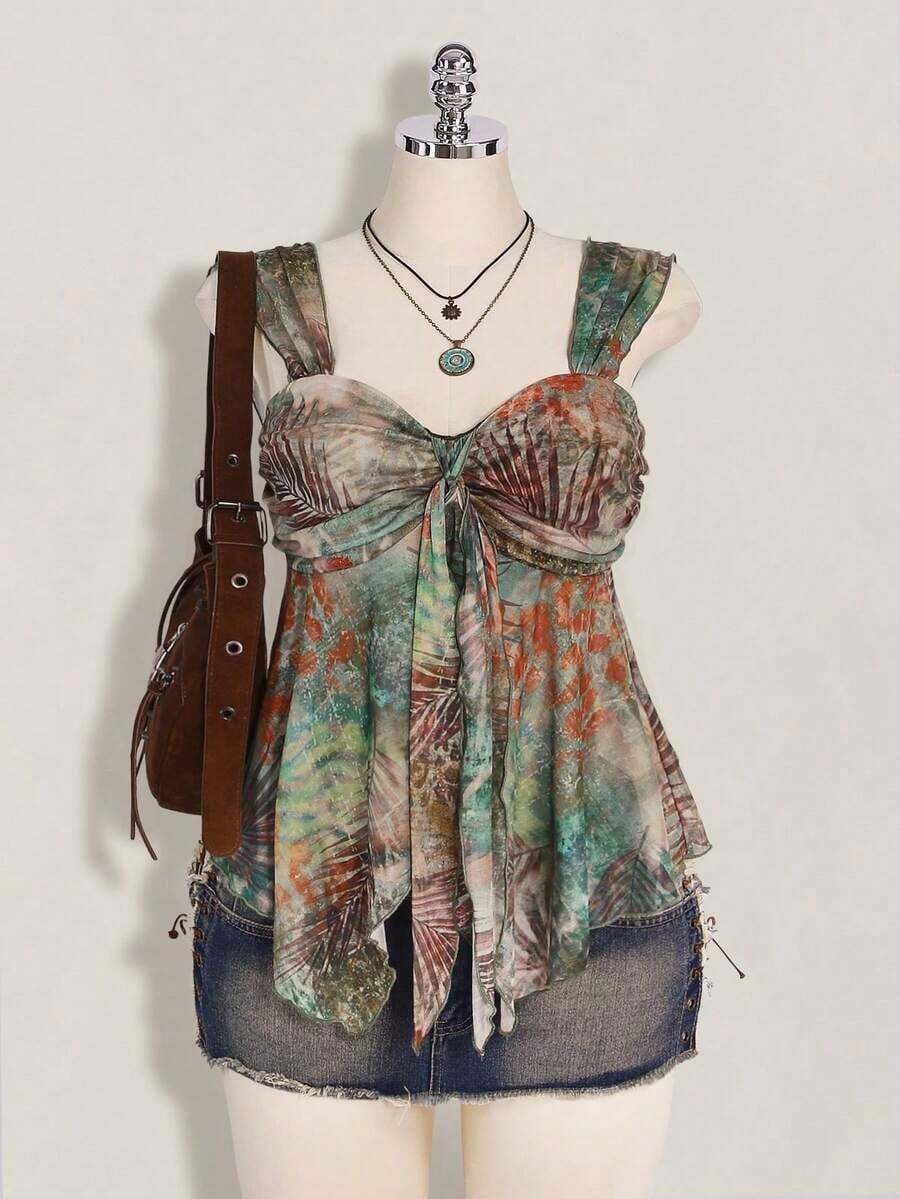 ICON Camiseta asimétrica transparente con estampado de cachemira para mujer de talla grande, top de rave, top transparente, para vacaciones de verano, temporada de graduación, temporada de regreso a clases, ropa de verano, Y2K. - Multicolor 2 - Ver 1