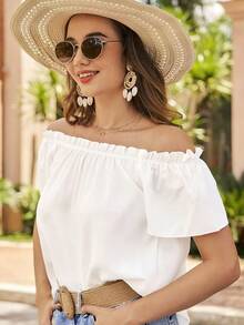 Blusa de hombros descubiertos ribete fruncido - Blanco - Ver 3