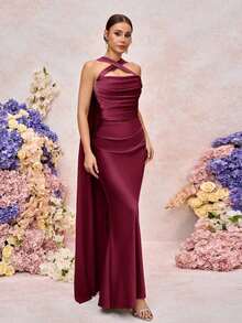 Vestido de dama de honor elegante, romántico, verde, tejido mate, decoración de cinta, hombros descubiertos, sin tirantes, entallado, cola de pez - Granada - Ver 5