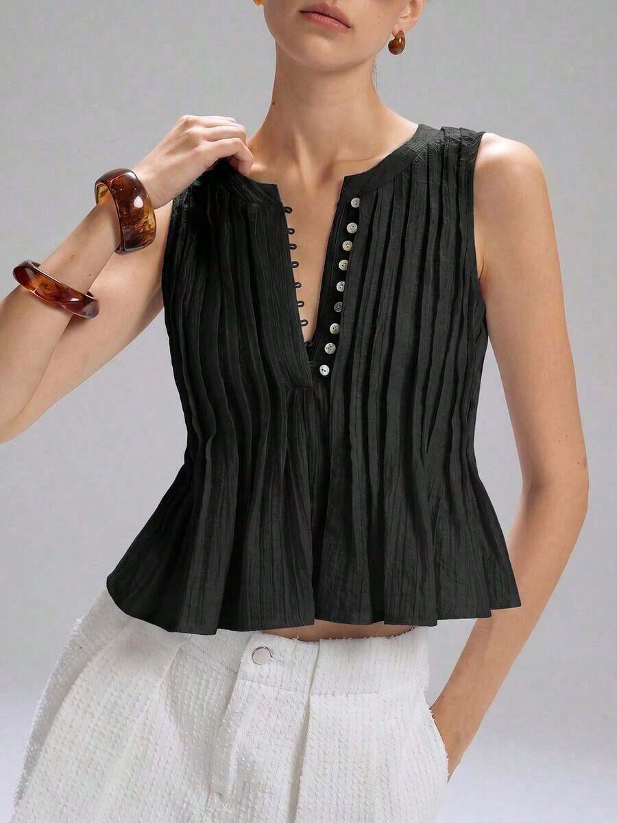 Nuevo Llegado 2025 Mujer Blusa sin mangas de lino con volante en la cintura, Estilo casual simple, Vacaciones - Negro - Ver 1