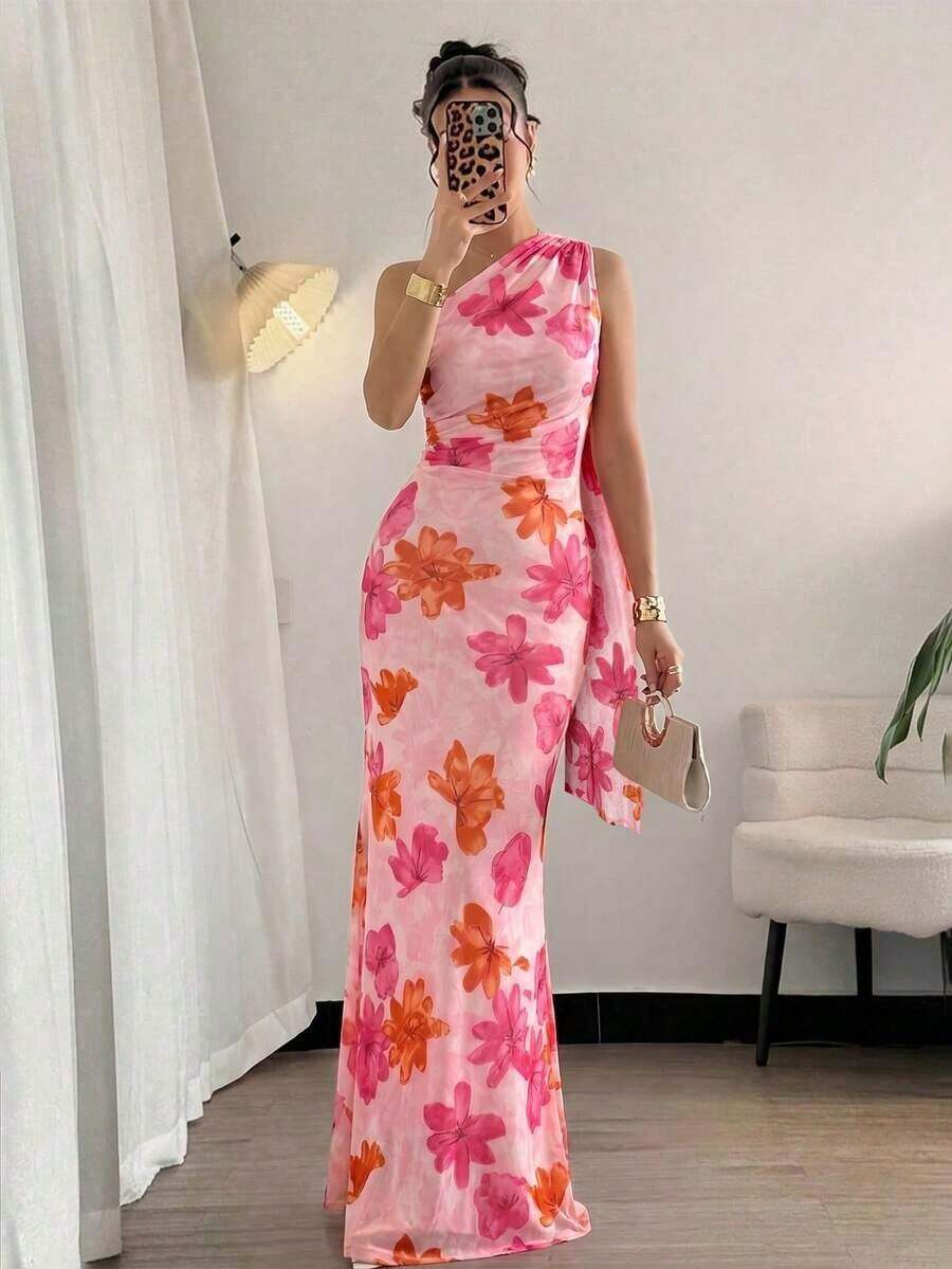 Vestido ajustado asimétrico de cuello elegante, romántico y sexy, adecuado para fiesta, vacaciones en la playa, vuelta al colegio, citas románticas, temporada de bodas, cumpleaños, Pascua, primavera/verano - Rosa - Ver 1