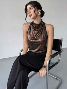 Blusa de satén dorado con cuello de tortuga y espalda de halter, elegante y casual para ir al trabajo/Look de Año Nuevo/Blusa sexy/Blusa brillante/Blusa para fiesta/Blusa de estilo "Old Money"/Blusa dorada - Marrón - Ver 7