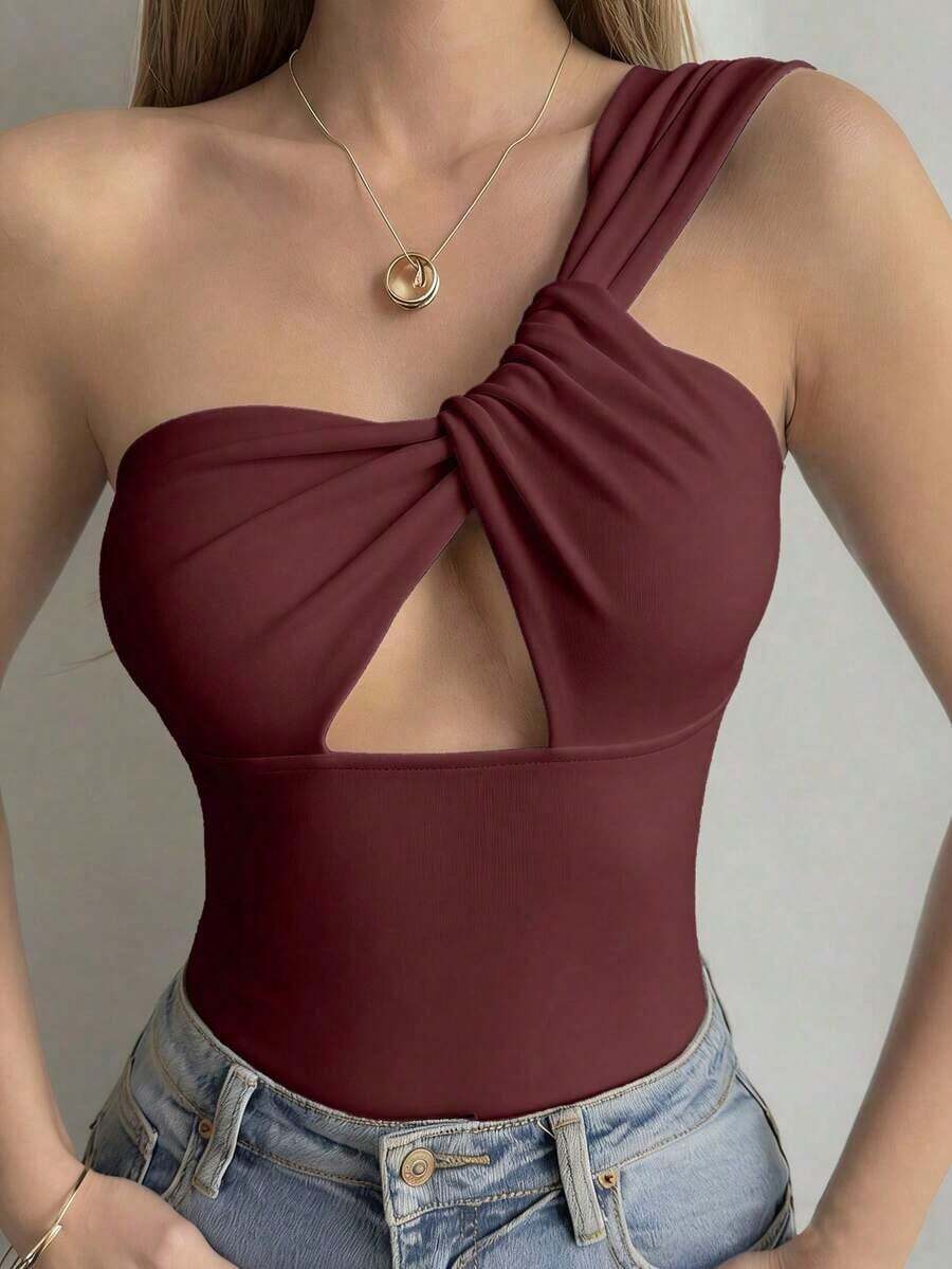 Camiseta sin mangas ajustada con tiras cruzadas huecas, estilo sexy y casual para mujer, Y2K - Burdeos - Ver 1