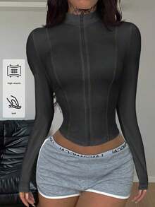 Chaqueta de yoga de cuello de tortuga blanca con protección solar, uso diario, casual, deportivo, para el aeropuerto, de estilo minimalista y de uso diario para mujer - Gris Oscuro - Ver 3