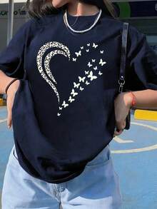Women's Summer Top With A Simple Slogan Print, Loose Fit, Round Neck, Short Sleeves, Casual Style, Ideal For Vacation. Fashionable Top For Everyday Wear And Holidays. - 海軍藍 - 查看 6