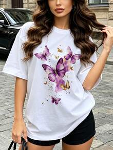 Women's Soft And Casual Short-Sleeved Crew Neck T-Shirt With A Purple And Gold Butterfly Graphic Print, Perfect For Spring And Summer Outfits. Black. - 白色 - 查看 1