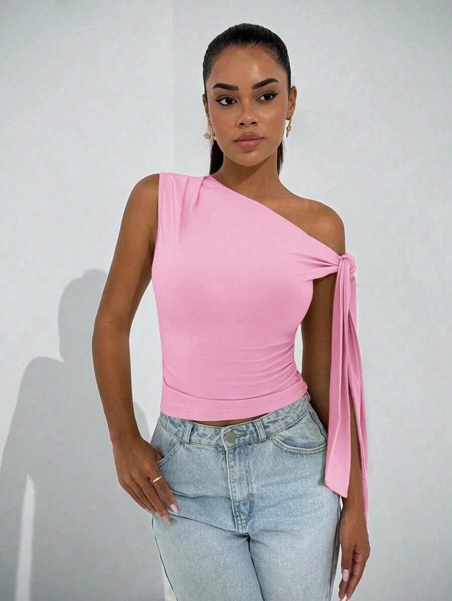 Elegante blusa de mujer con hombros asimétricos y cuello con lazo, adecuada para citas casuales, fiestas nocturnas, uso diario, otoño - Rosa Pálido - Ver 1