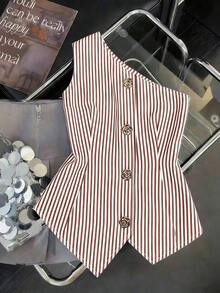 CURVE Una blusa de mujer de verano de gran tamaño, de estilo casual y con rayas tejidas - Marrón - Ver 6