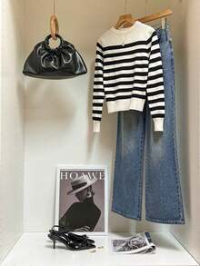 Suéter de punto acanalado con estampado de rayas, tops de manga larga, suéter de punto en otoño/invierno - Blanco y Negro - Ver 5