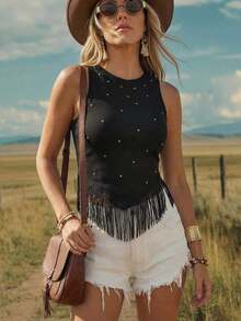 Top corto con flecos y tachuelas de estilo bohemio y western para festivales de música de verano, conciertos occidentales y raves europeas de verano para mujeres - Negro - Ver 2