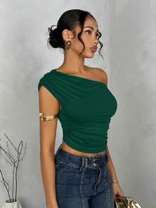 Blusa de verano de unicolor con hombro asimétrico y fruncido para mujer - Verde Oscuro - Ver 4