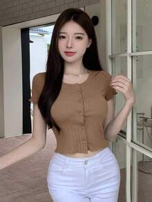 Camiseta de manga corta de canalé de ajuste ceñido con cuello redondo, crop tops para mujer - Caqui - Ver 5