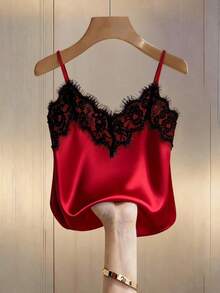 Top de camisola de satén con parches de encaje ajustado, chaleco casual y elegante para verano, vacaciones en la playa y viajes para mujeres - Rojo - Ver 5