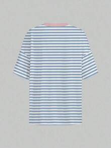 Camiseta de mujer de manga corta a rayas, diseño de cuello redondo suelto, lavable a máquina, adecuada para todas las estaciones, cómoda y linda, estilo retro. - Celeste - Ver 2