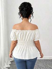 Blusa de manga corta con hombros descubiertos, volantes y estampado de flores de cerezo, de talla grande y diseño elegante.Corte de cintura minimalista y estilizador.Adecuada para el uso diario, citas, salidas y vacaciones. - Blanco - Ver 2