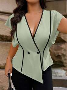 Camisa elegante de mujer talla grande con cuello en V, bajo asimétrico, diseño de rayas y parches, con encaje transparente en la parte delantera, adecuada para uso diario, oficina y citas, primavera/verano - verde menta - Ver 5