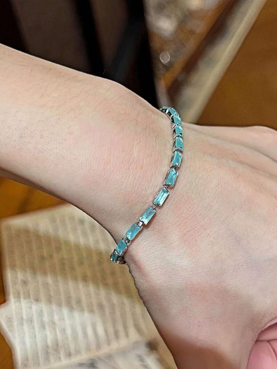 1件复古浅蓝色小巧钻石手链,奢华精致的夏季女士配饰 - 淺藍色 - 查看 1