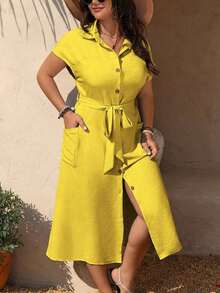 Vestido casual de talla grande para mujer con cinturón de unicolor - Amarillo - Ver 4