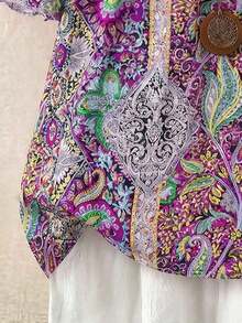 Blusa casual de mujer talla grande de unicolor con cuello redondo, mangas de doble capa, corta, plisada, versátil y de moda para el verano y vacaciones - Púrpura malva - Ver 6